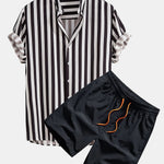 Striped Stand Collar Shirt & Swim Shorts Set