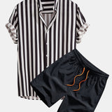Striped Stand Collar Shirt & Swim Shorts Set