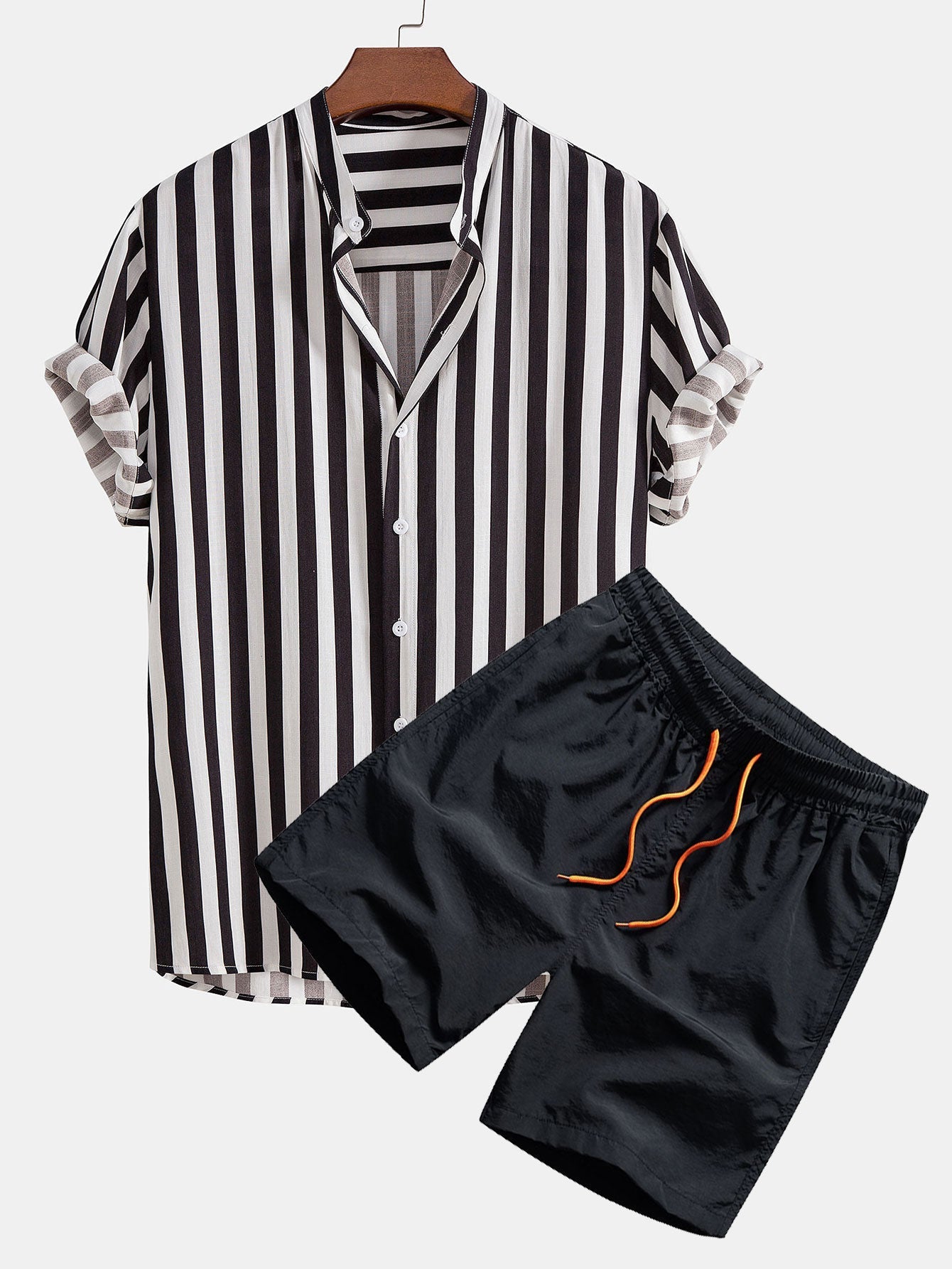 Striped Stand Collar Shirt & Swim Shorts Set