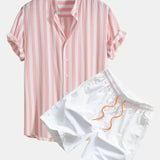 Striped Stand Collar Shirt & Swim Shorts Set