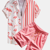 Flamingo Stripe Panel Shirt & Swim Shorts Set