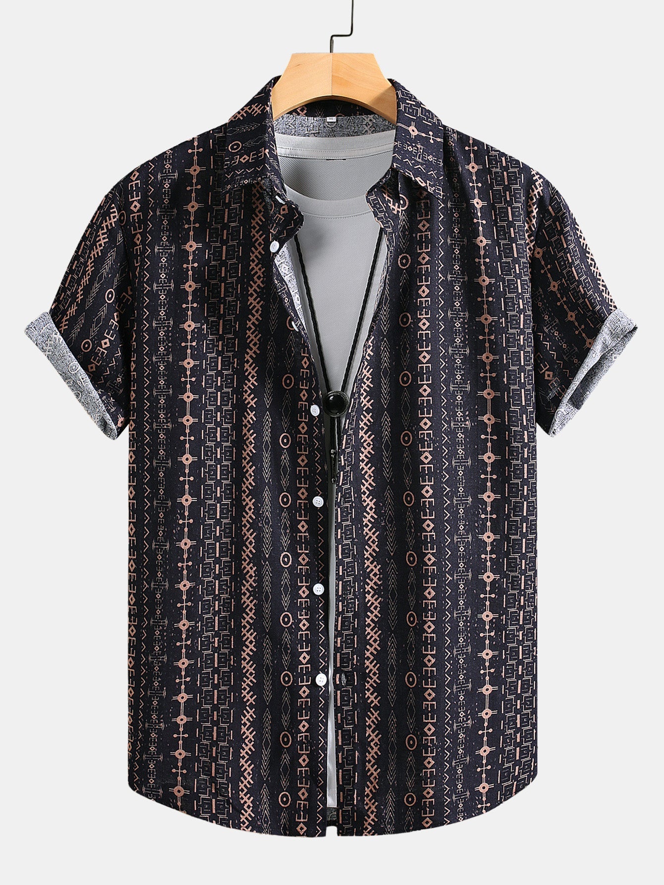 Linen Ethnic Geometric Print Button Up Shirt