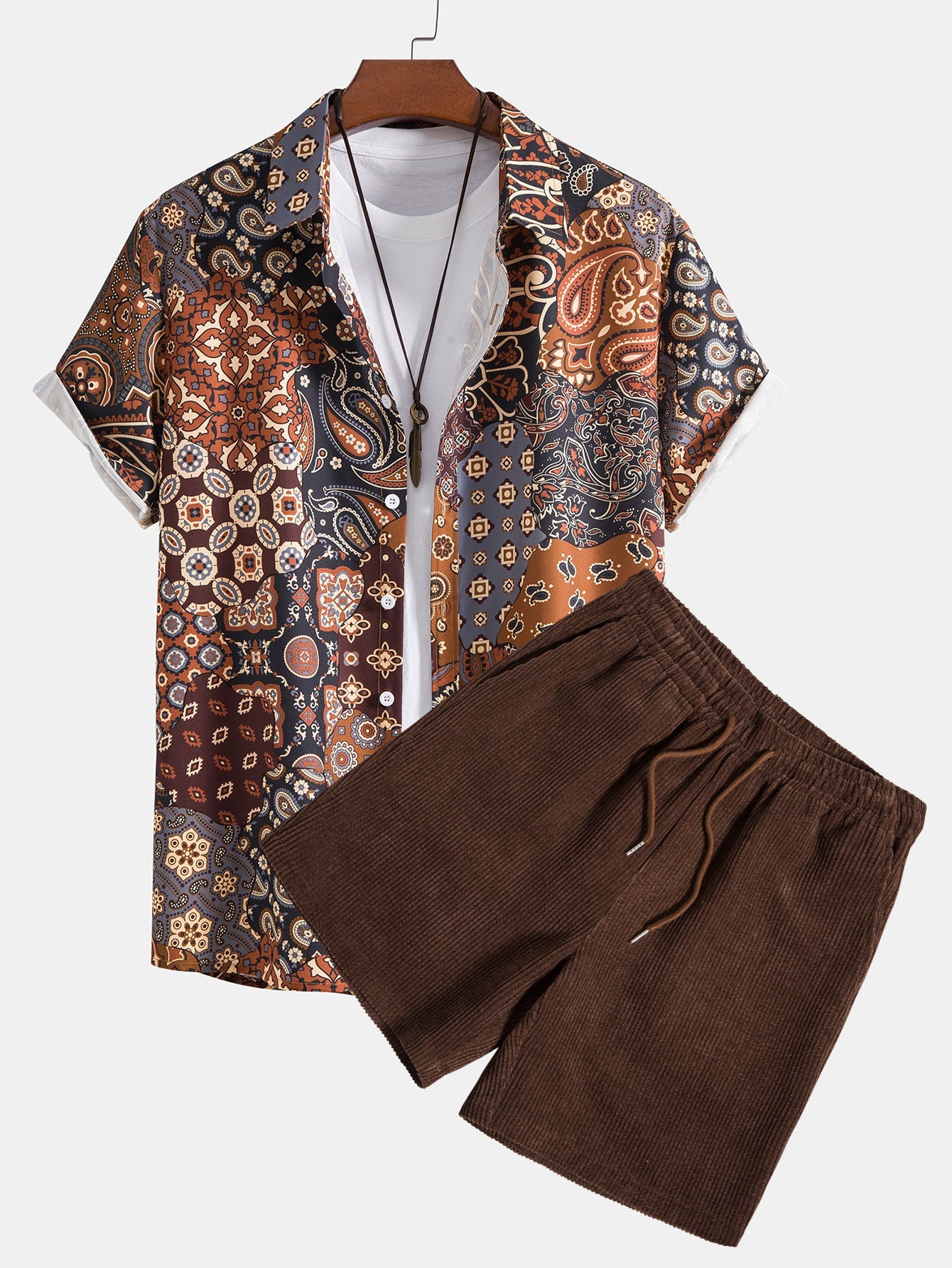 Paisley Patchwork Print Shirt & Corduroy Shorts Set