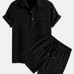 Waffle Polo Collar Shirt with Pocket & Waffle Shorts Set