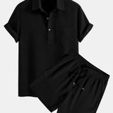 Waffle Polo Collar Shirt with Pocket & Waffle Shorts Set