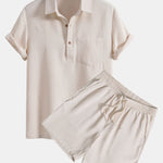 Waffle Polo Collar Shirt with Pocket & Waffle Shorts Set