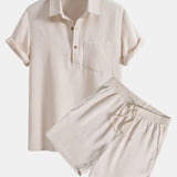 Waffle Polo Collar Shirt with Pocket & Waffle Shorts Set