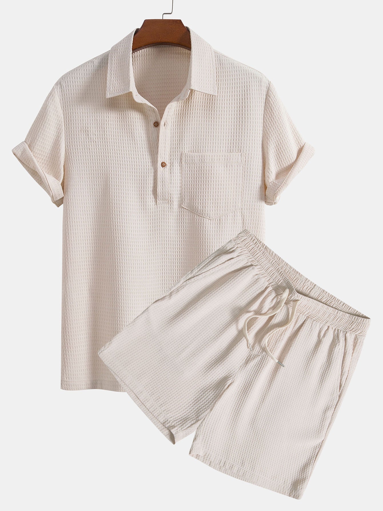 Waffle Polo Collar Shirt with Pocket & Waffle Shorts Set