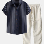 Cotton Blend Striped Shirt & Straight Leg Linen Pants Set