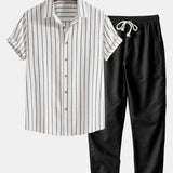 Cotton Blend Striped Shirt & Straight Leg Linen Pants Set