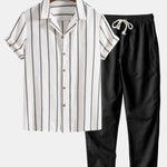 Cotton Blend Striped Cuban Shirt & Straight Leg Linen Pants Set