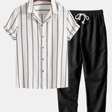 Cotton Blend Striped Cuban Shirt & Straight Leg Linen Pants Set