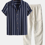 Cotton Blend Striped Cuban Shirt & Straight Leg Linen Pants Set