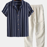 Cotton Blend Striped Cuban Shirt & Straight Leg Linen Pants Set