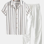 Cotton Blend Striped Cuban Shirt & Straight Leg Linen Pants Set