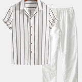 Cotton Blend Striped Cuban Shirt & Straight Leg Linen Pants Set