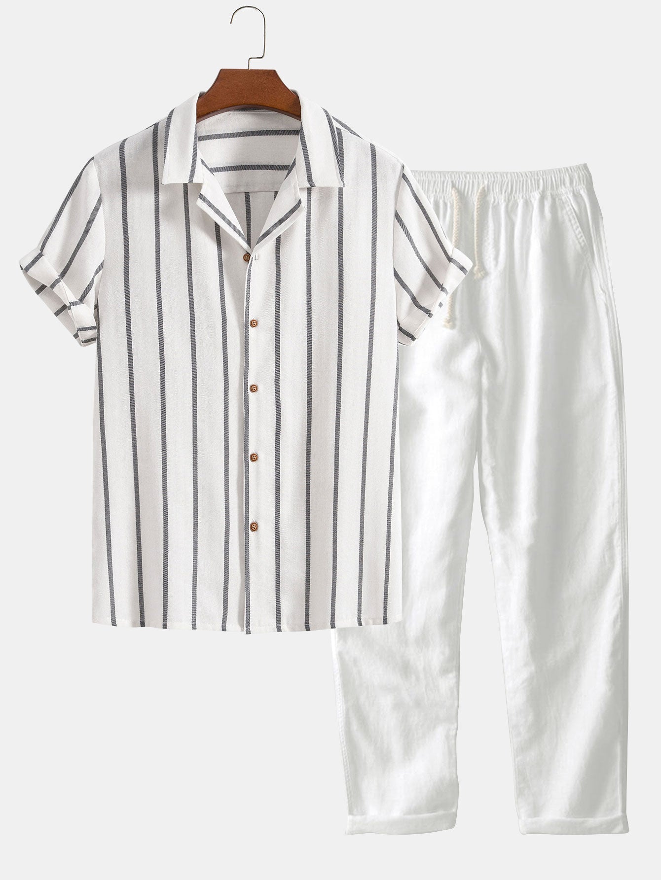 Cotton Blend Striped Cuban Shirt & Straight Leg Linen Pants Set