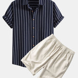 Cotton Blend Striped Shirt & Linen Cotton Blend 11" Shorts Set