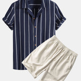 Cotton Blend Striped Cuban Shirt & Linen Cotton Blend 11" Shorts Set