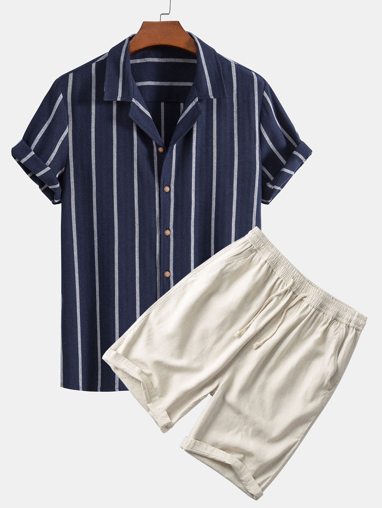 Cotton Blend Striped Cuban Shirt & Linen Cotton Blend 11" Shorts Set