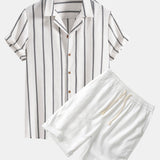 Cotton Blend Striped Cuban Shirt & Linen Cotton Blend 11" Shorts Set