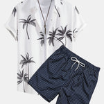 Palm Tree Print Shirt & Striped Print Swim Shorts Set