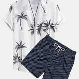 Palm Tree Print Shirt & Striped Print Swim Shorts Set