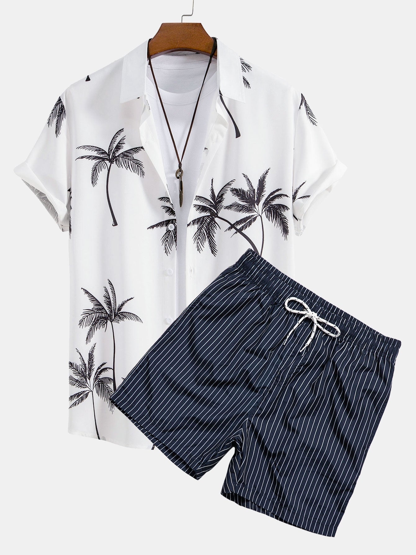 Palm Tree Print Shirt & Striped Print Swim Shorts Set