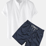 Linen Short Sleeve Shirt & Striped Print Swim Shorts Set
