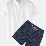 Linen Short Sleeve Shirt & Striped Print Swim Shorts Set