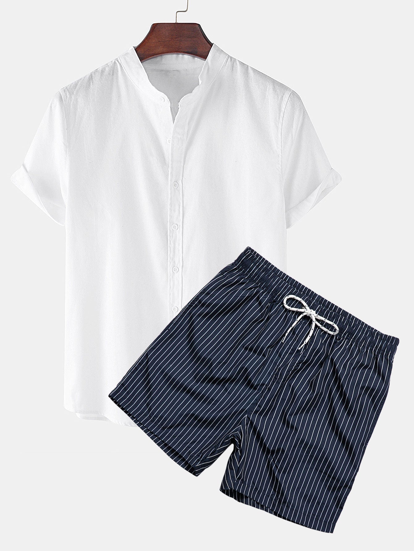 Linen Short Sleeve Shirt & Striped Print Swim Shorts Set
