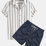 Cotton Blend Striped Cuban Shirt & Striped Print Swim Shorts Set