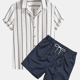 Cotton Blend Striped Cuban Shirt & Striped Print Swim Shorts Set
