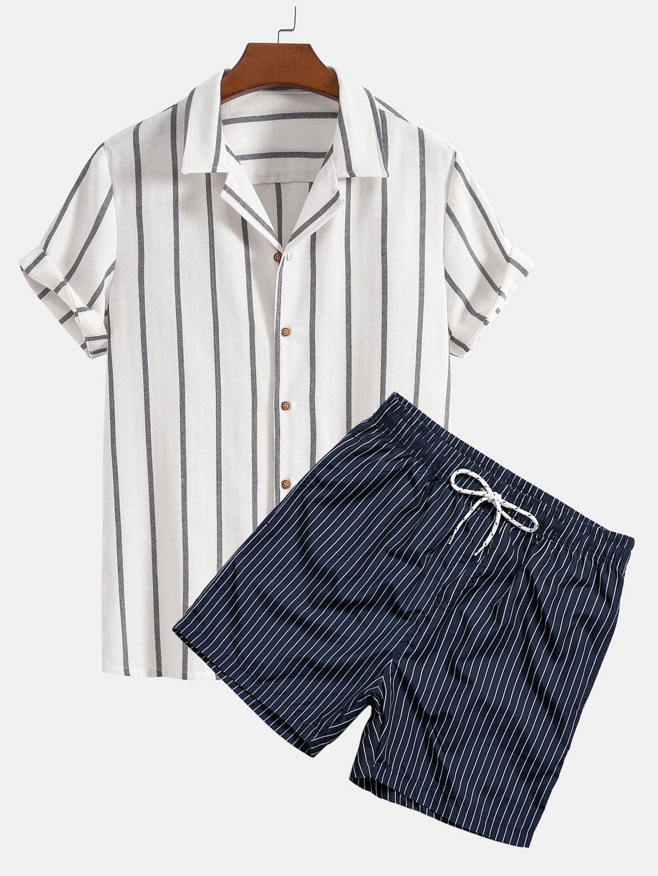 Cotton Blend Striped Cuban Shirt & Striped Print Swim Shorts Set