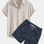 Linen Rayon Blend Shirt & Striped Print Swim Shorts Set