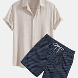 Linen Rayon Blend Shirt & Striped Print Swim Shorts Set