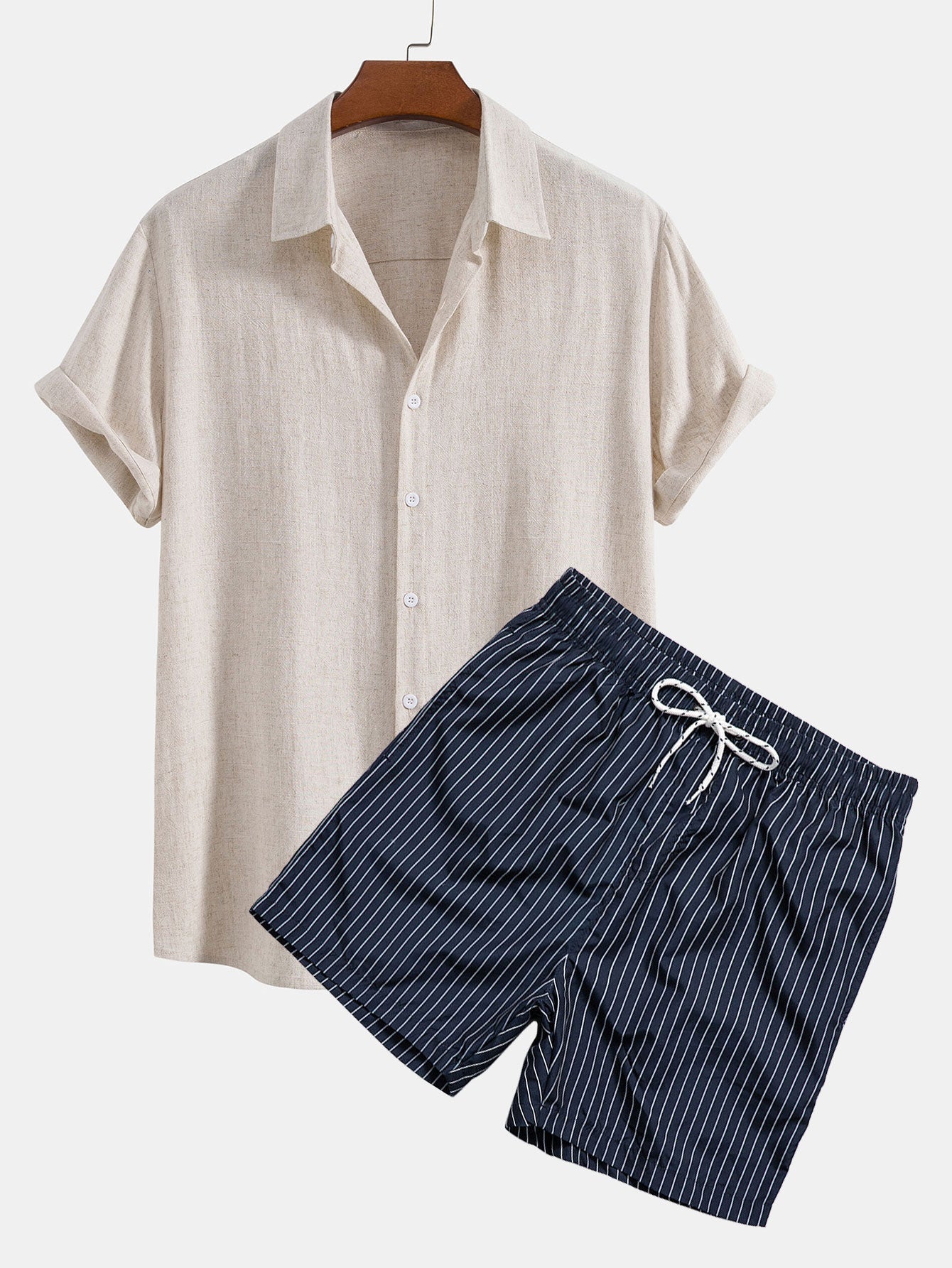 Linen Rayon Blend Shirt & Striped Print Swim Shorts Set
