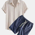 Linen Rayon Blend Shirt & Linen Cotton Blend Drawstring Shorts Set
