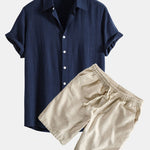 Linen Rayon Blend Shirt & Linen Cotton Blend Drawstring Shorts Set