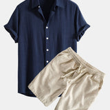 Linen Rayon Blend Shirt & Linen Cotton Blend Drawstring Shorts Set