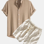 Linen and Rayon Blend Shirt & Linen Cotton Blend Drawstring Striped Shorts Set