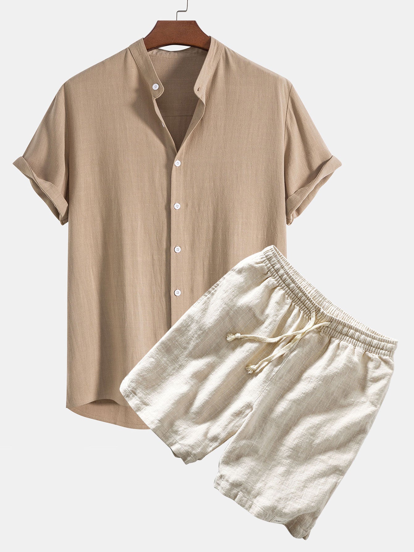 Linen and Rayon Blend Shirt & Linen Cotton Blend Drawstring Striped Shorts Set