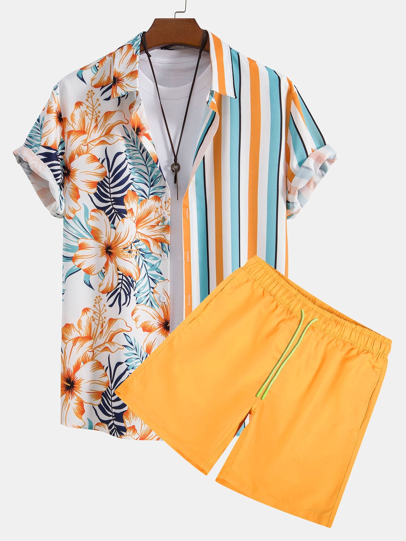 Tropical Stripe Panel Shirt & Swim Shorts Set