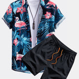 Flamingo Tropical Print Shirt & Swim Shorts Set