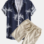 Palm Tree Print Shirt & Linen Cotton Blend Drawstring Shorts Set