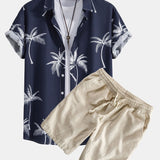 Palm Tree Print Shirt & Linen Cotton Blend Drawstring Shorts Set