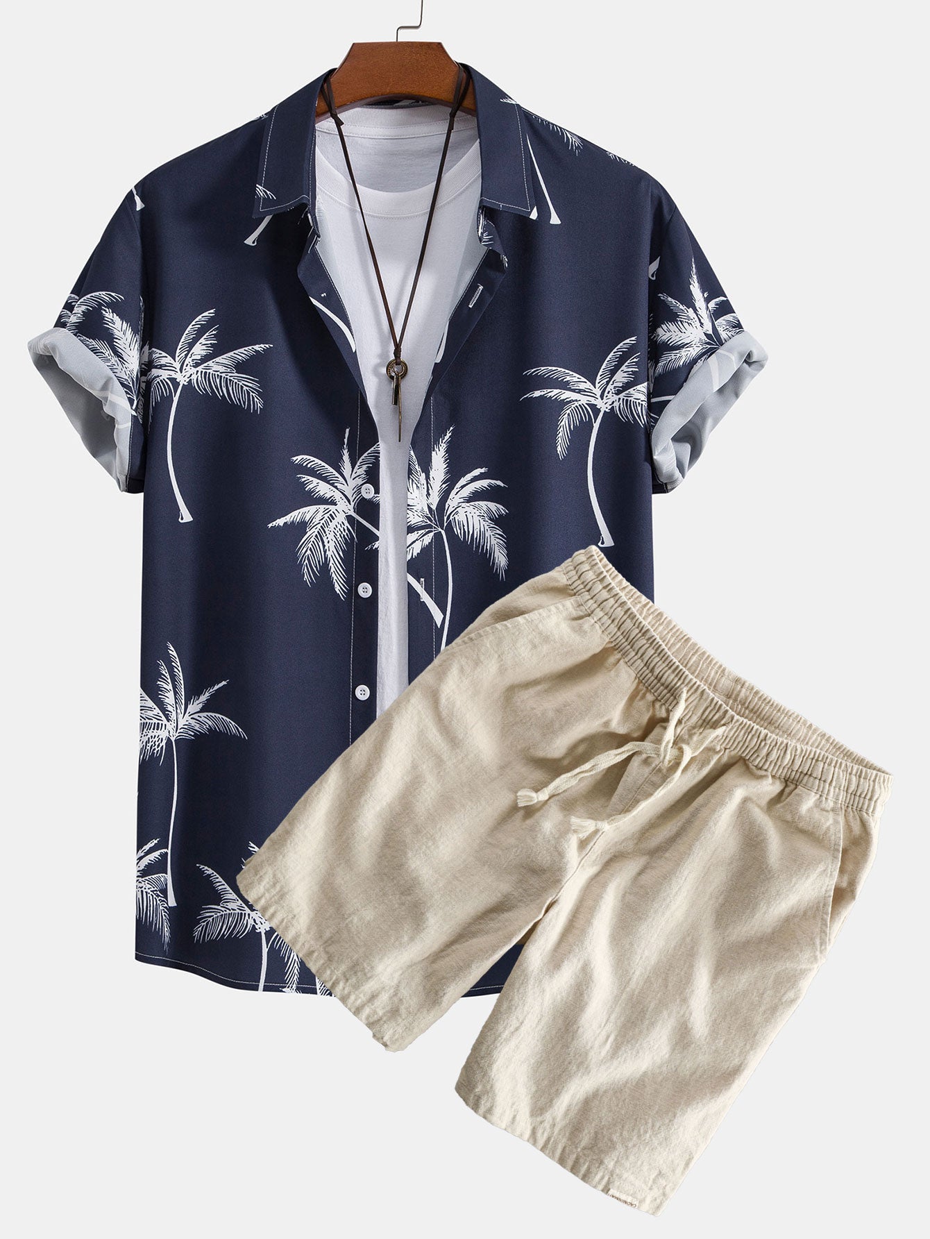 Palm Tree Print Shirt & Linen Cotton Blend Drawstring Shorts Set