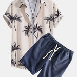 Palm Tree Print Shirt & Linen Cotton Blend Drawstring Shorts Set