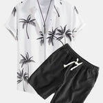 Palm Tree Print Shirt & Linen Cotton Blend Drawstring Shorts Set