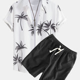 Palm Tree Print Shirt & Linen Cotton Blend Drawstring Shorts Set